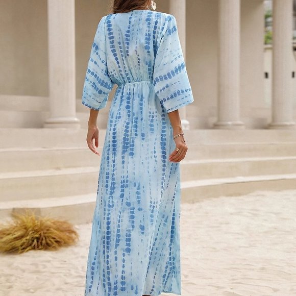 Blue Boho Womens Tie Dye Split Sleeve Dress - Picture 2 of 5